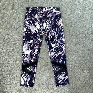 GAIMA Cropped Yoga Pants in Purple White Pink with mesh leg insets NWOT- Size S